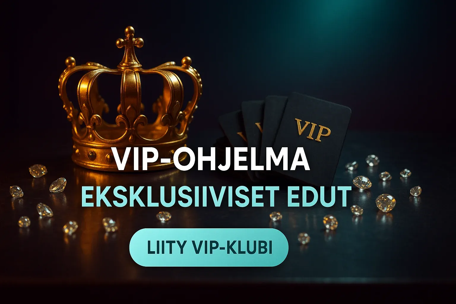 VIP-kasino banneri kruunulla, premium-korteilla ja timanteilla velvet-loungessa