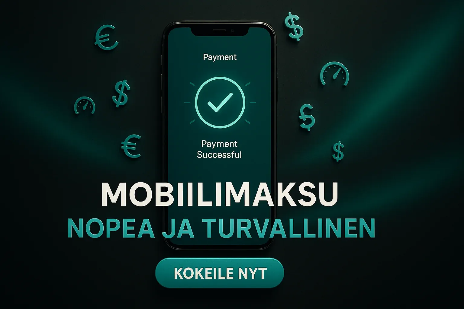 Laaja suomalainen kasinobanneri mobiilimaksun vahvistusnäytöllä ja teal-efekteillä