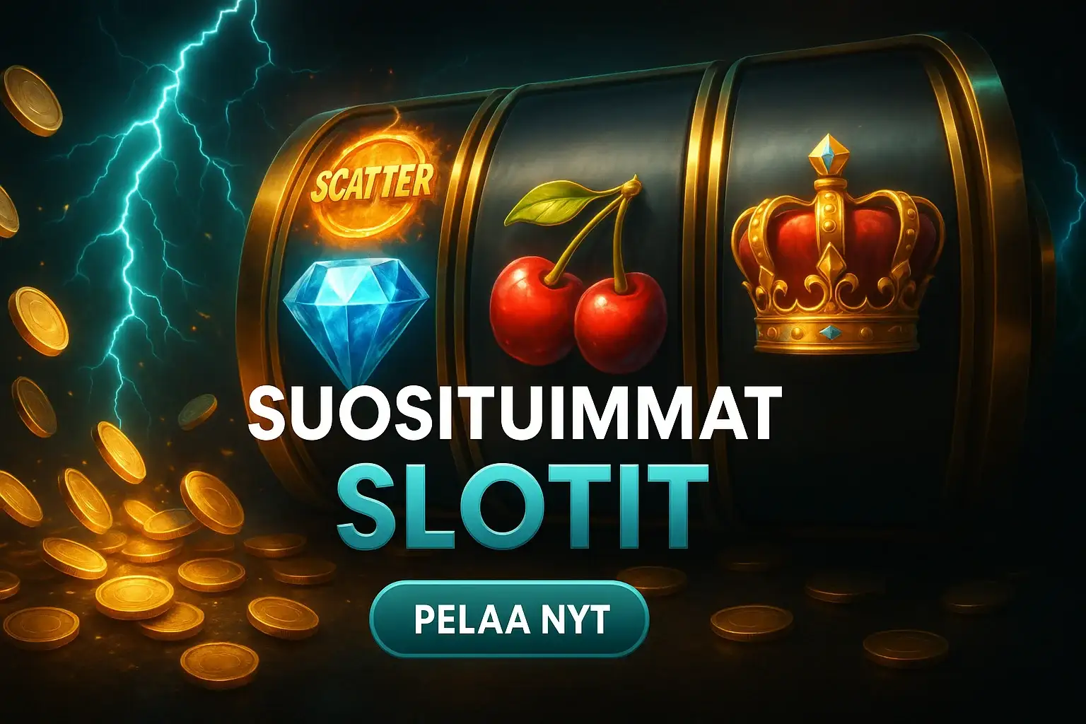 Suomalainen kasinobanneri, hedelmä- ja kruunusymbolit, kultakolikot ja teal-salama
