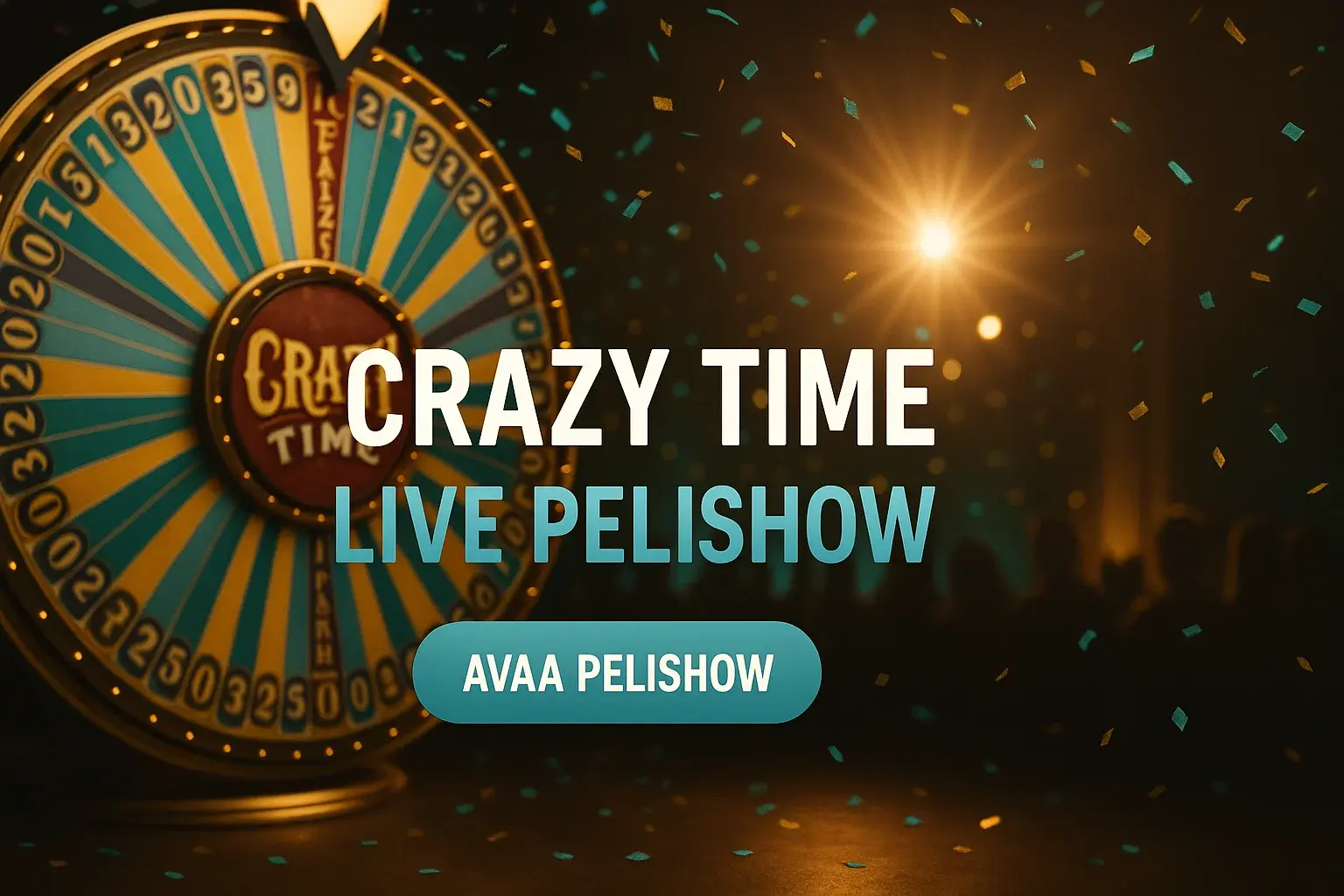 Fotorealistinen live-kasinobanneri, Crazy Time -pyörä, konfettia ja pelishow-valot