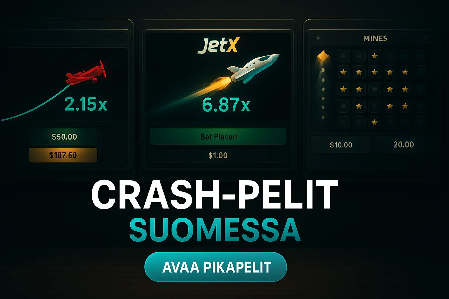 Suomalainen kasinobanneri crash-pelit, neljä pelinäkymää ja CTA-painike