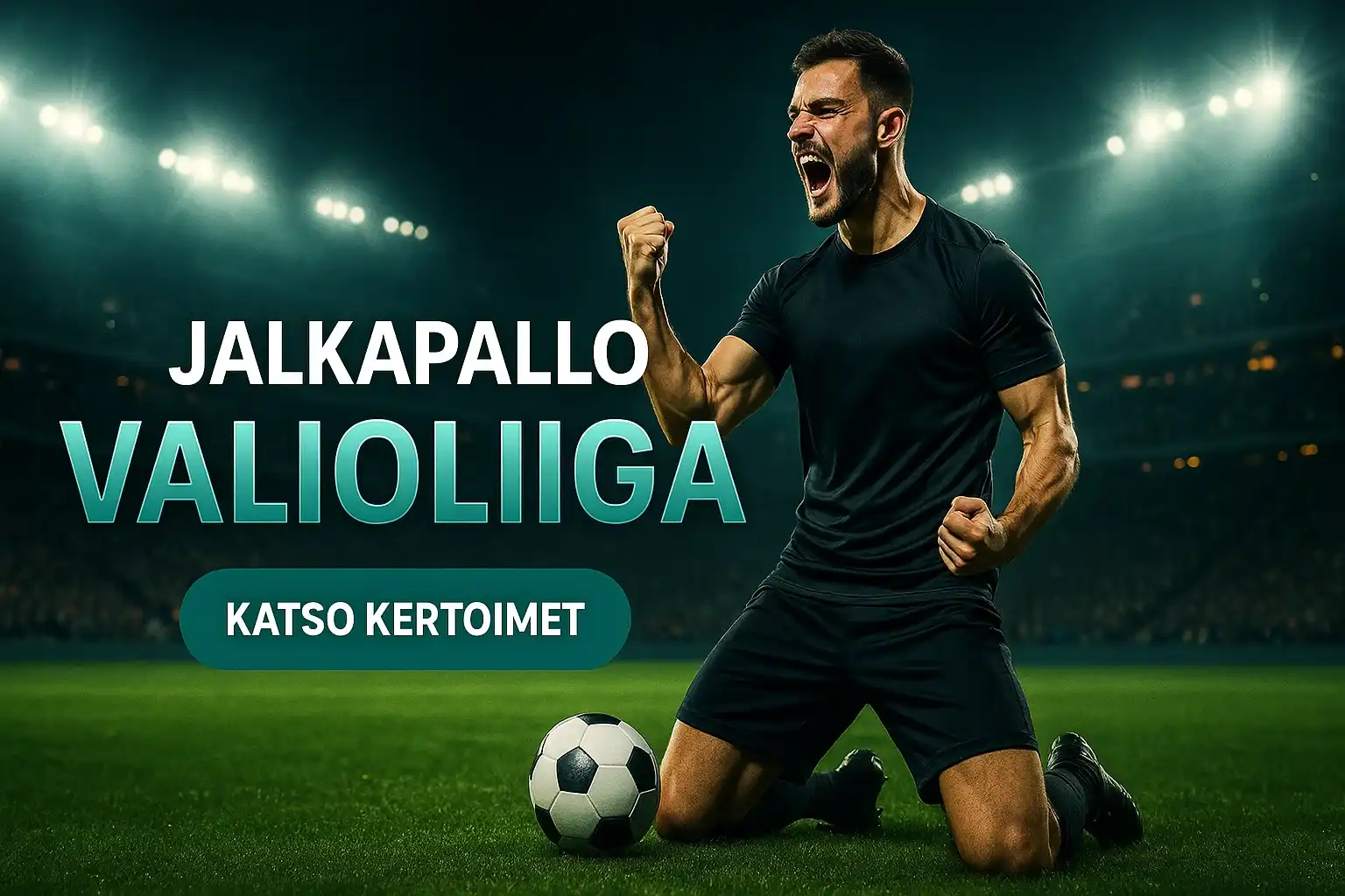 Fotorealistinen vedonlyöntibanneri jalkapallosta, pelaaja juhlii maalintekoa stadionilla